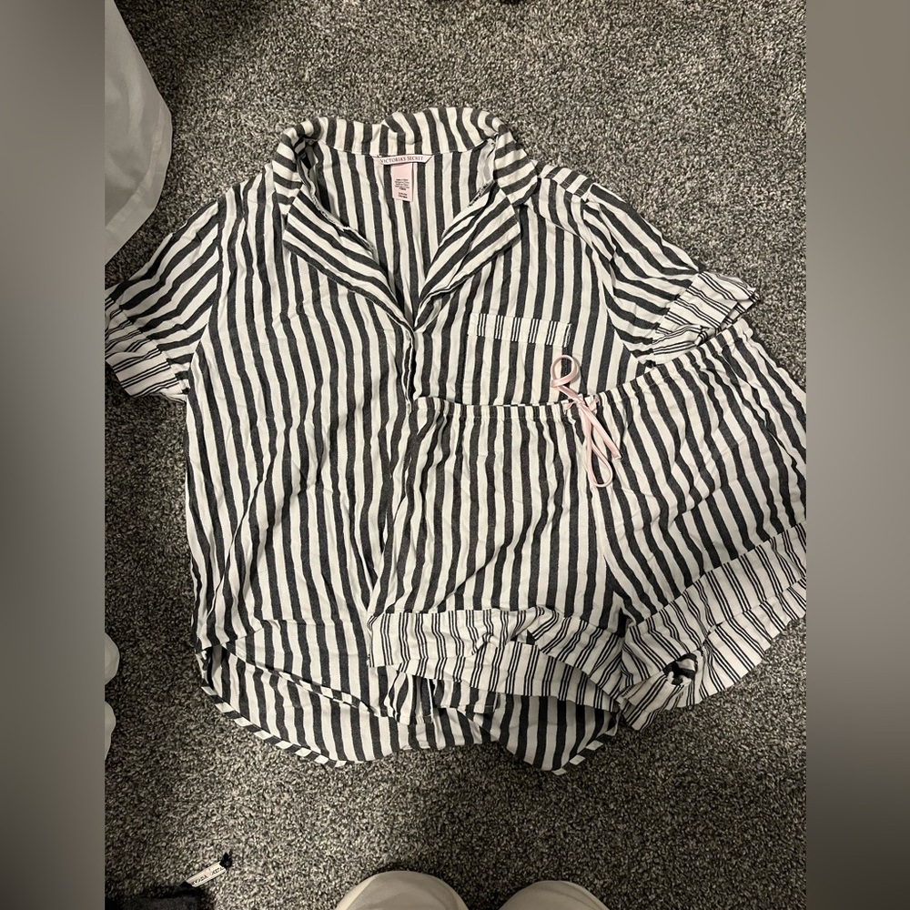 Victoria's Secret Grey and White Striped Flannel PJ set